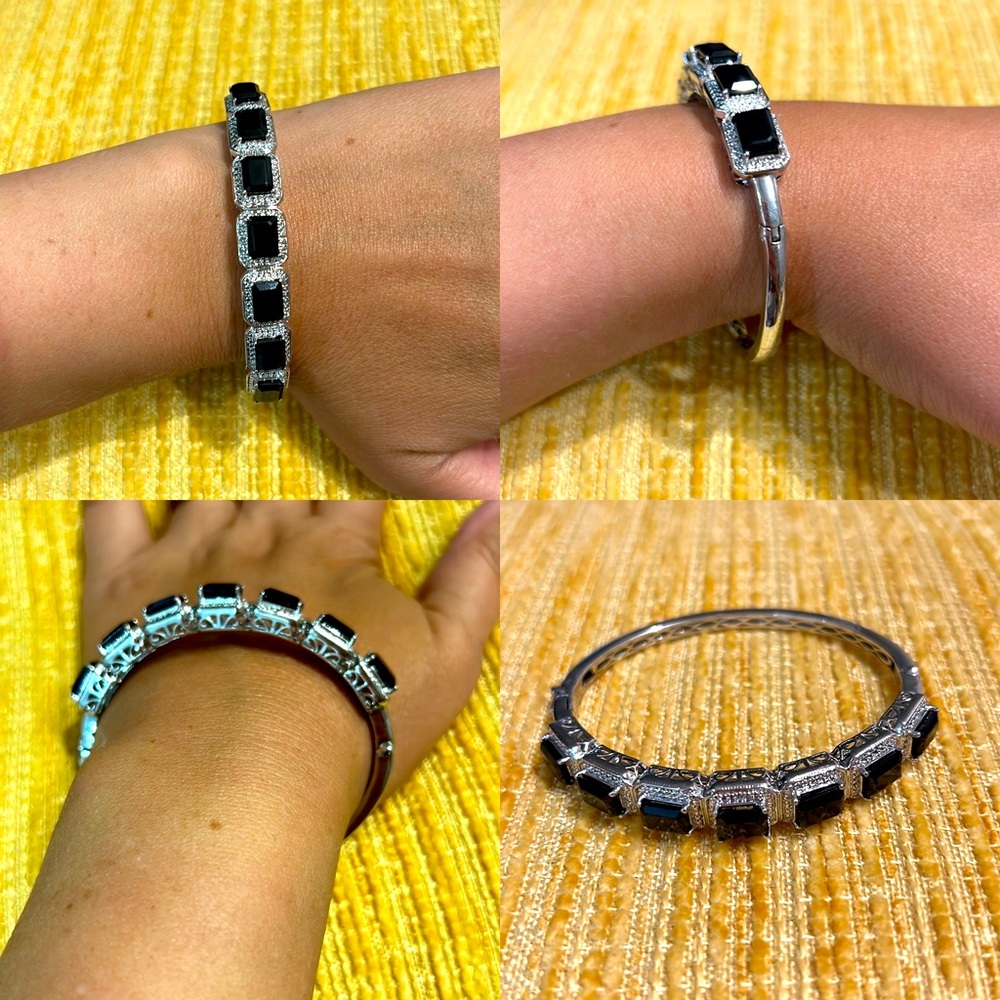 Victorian inspired Karis stainless steel & black glass bangle / bracelet